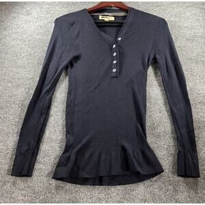 Burberry Ribbed Knit Long Sleeve Henley Top Ruffle Hem Cuffs Navy Black Womens M